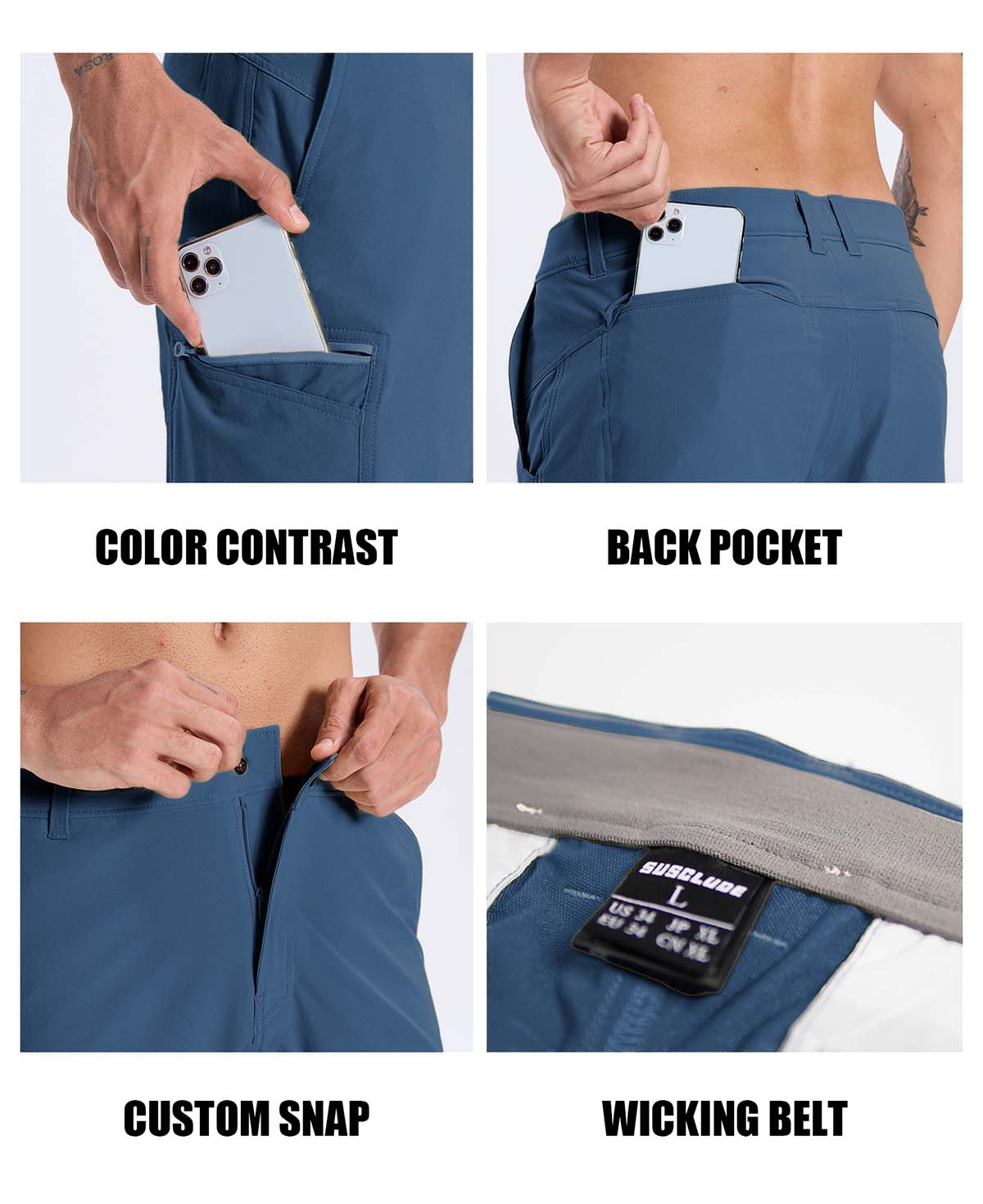 Features: contrast inner pocket lining, rear pocket storage, custom button waistband, moisture-wicking waistband.