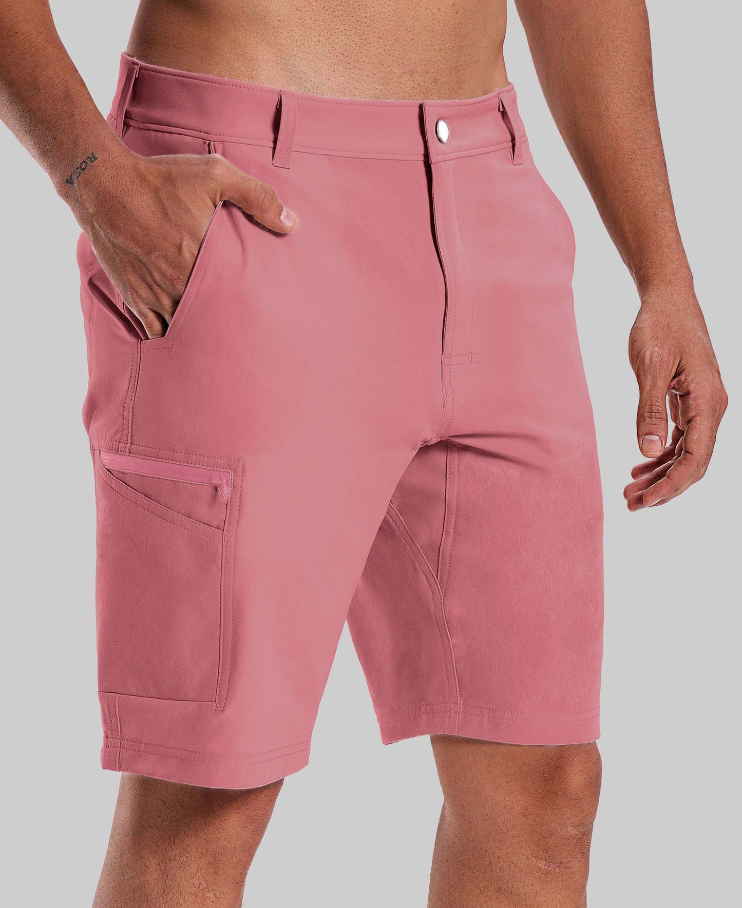 Standalone view of pink Men's Golf & Hiking Shorts highlighting side zip pocket and tailored cut for a sleek look.