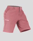 Side view of man in pink Men's Golf & Hiking Shorts, showing front pockets, button waistband, and side zip pocket details.