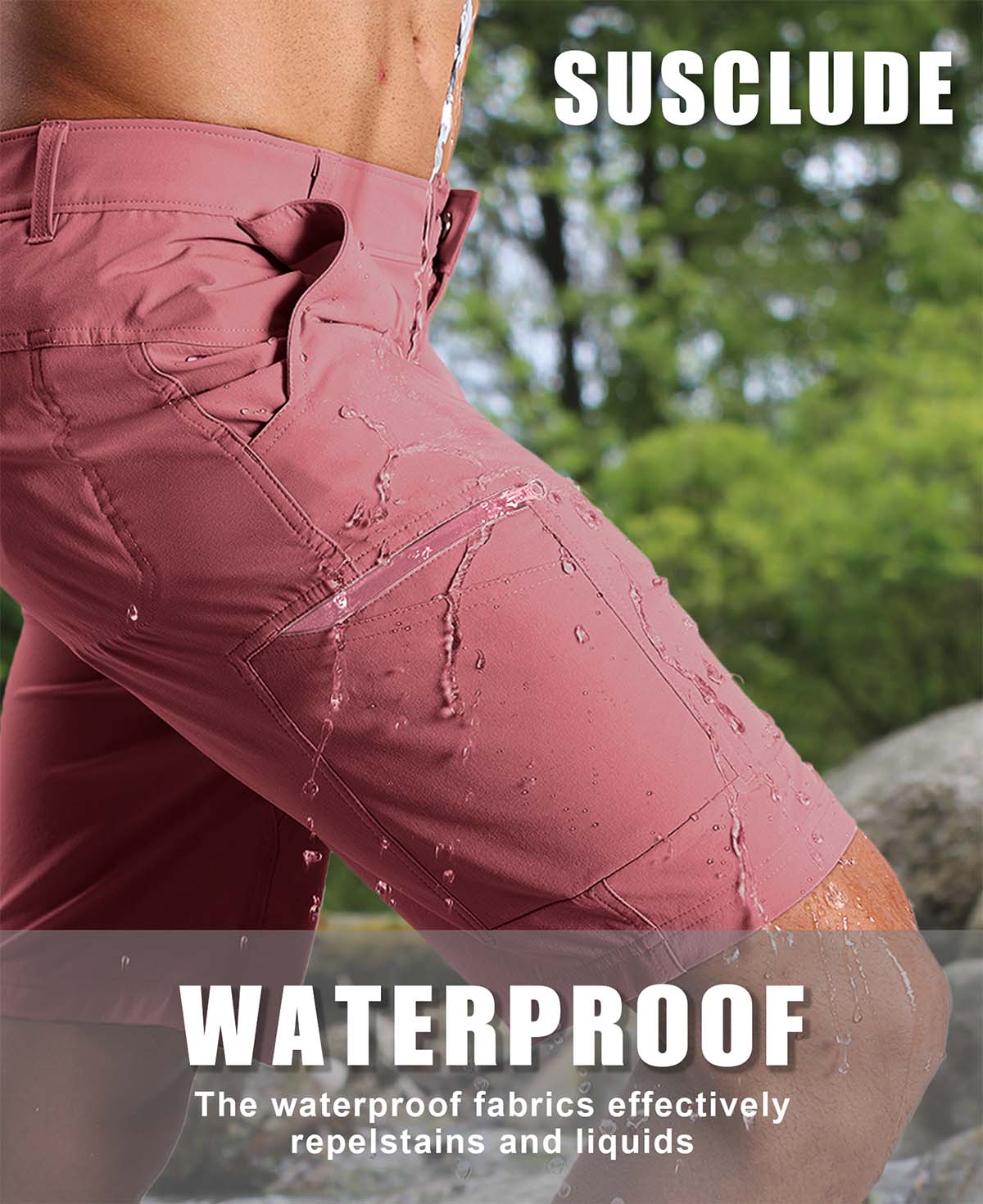 Water-resistant fabric of pink Men's Golf & Hiking Shorts¡ªwater beads on surface for effective spill protection.