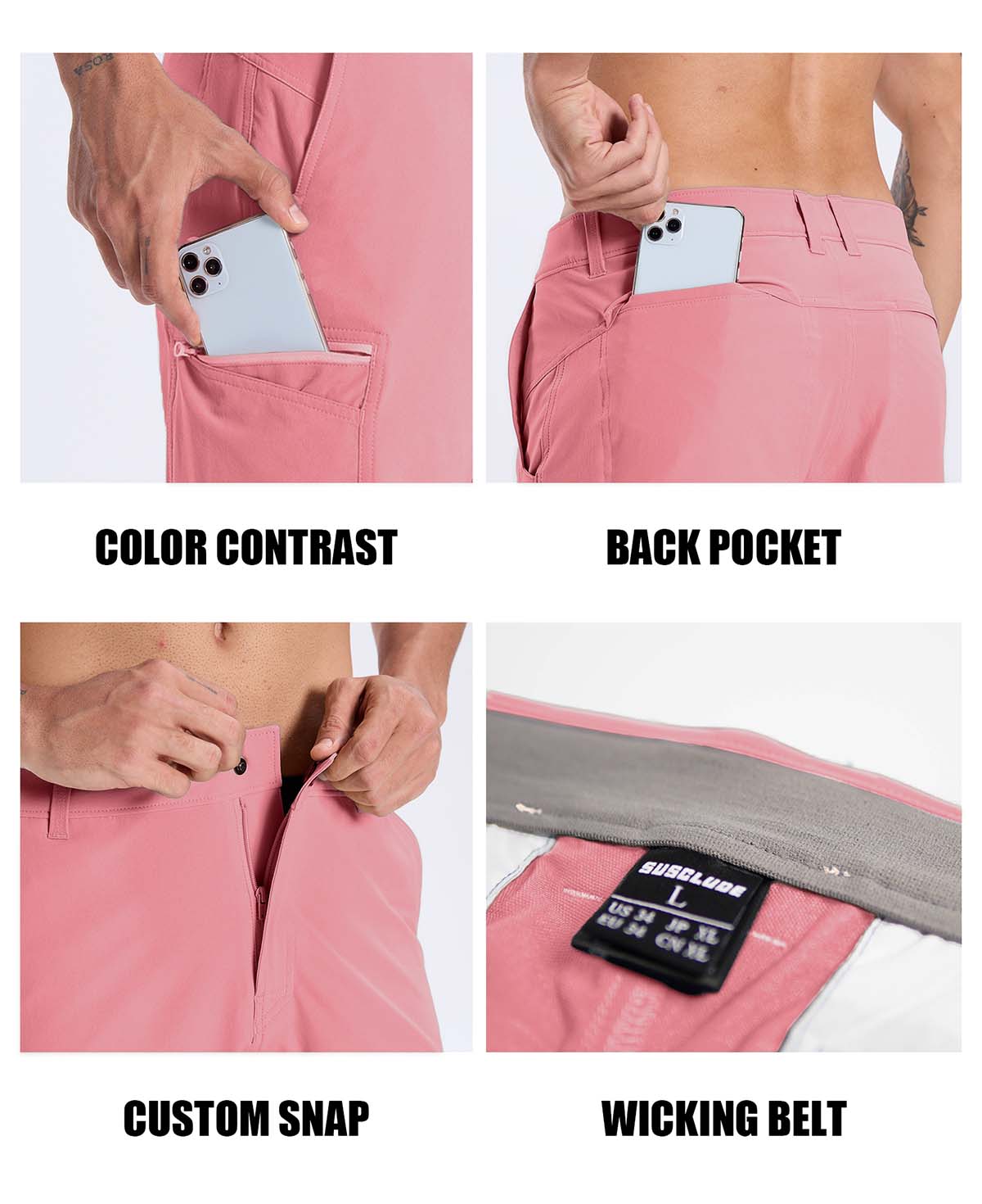 Features: contrast inner pocket lining, rear pocket storage, custom button waistband, moisture-wicking waistband.