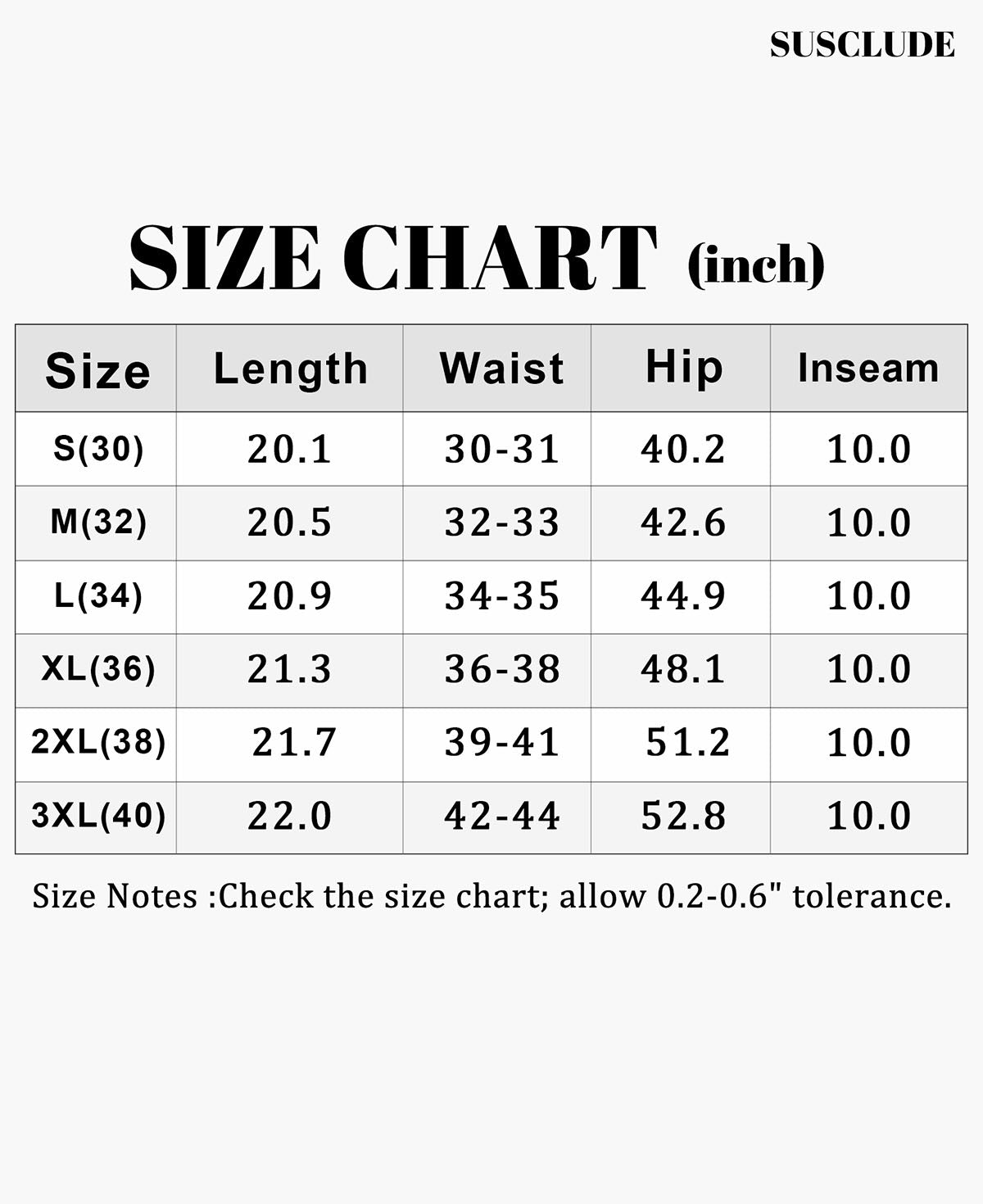 SUSCLUDE size chart (inches): inseam, waist, hip, length¡ªwith 0.2¨C0.6" manual measurement tolerance.