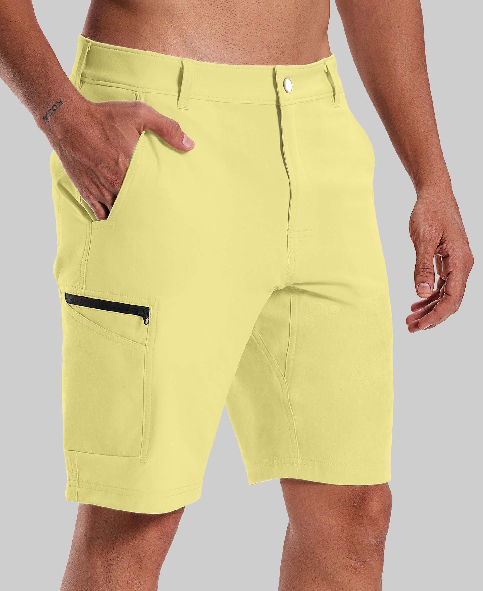 Standalone view of light yellow Men's Golf & Hiking Shorts highlighting side zip pocket and tailored cut for a sleek look.