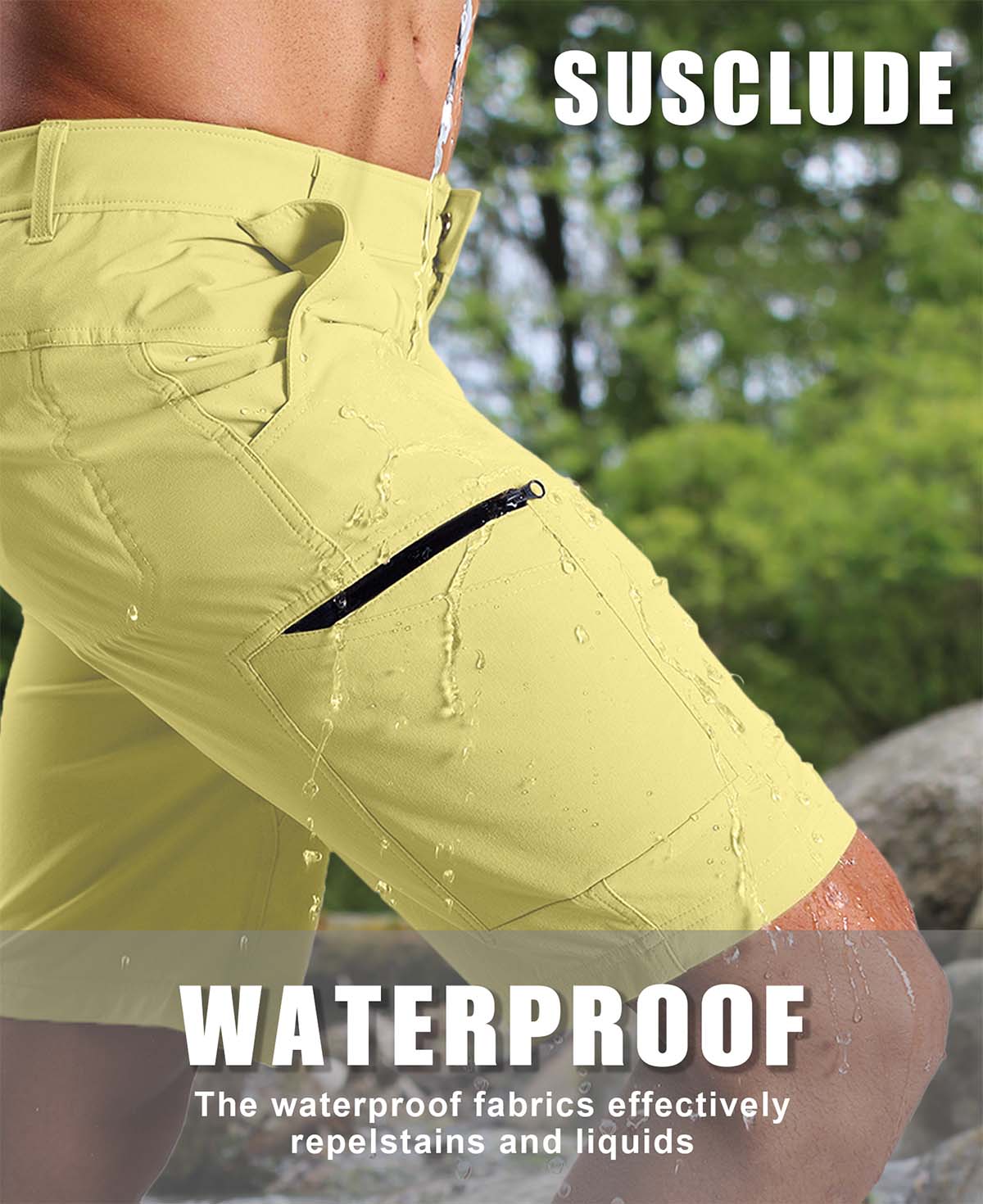 Water-resistant fabric of light yellow Men's Golf & Hiking Shorts¡ªwater beads on surface for effective spill protection.