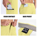 Features: contrast inner pocket lining, rear pocket storage, custom button waistband, moisture-wicking waistband.