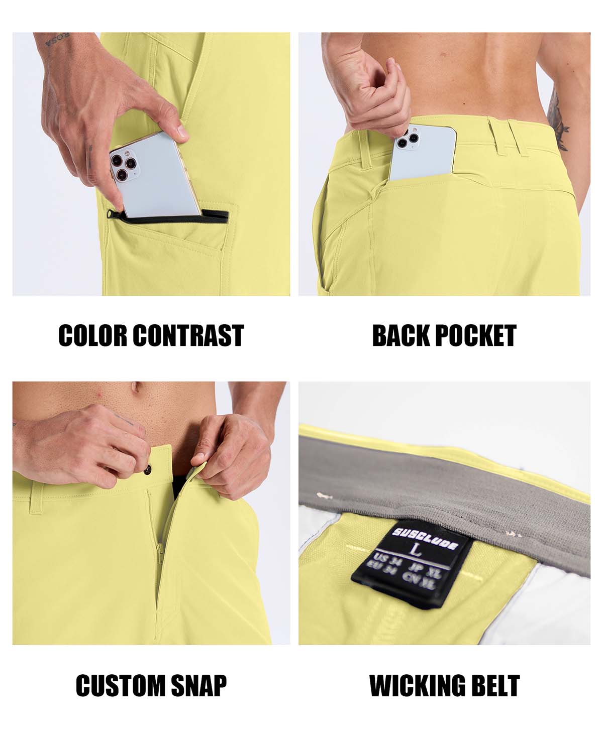 Features: contrast inner pocket lining, rear pocket storage, custom button waistband, moisture-wicking waistband.