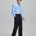 Light blue shirt paired with black Gurkha pants, clean, professional outfit for office or meetings.