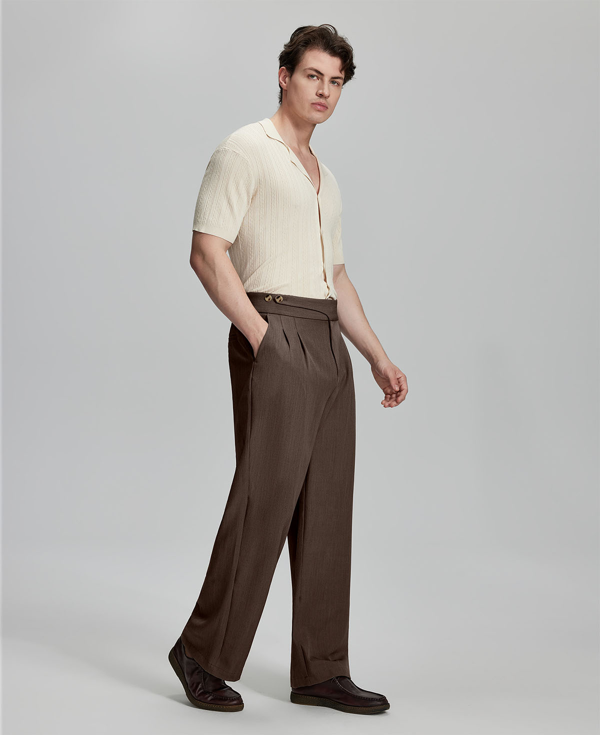 Light blue shirt paired with brown Gurkha pants, clean, professional outfit for office or meetings.