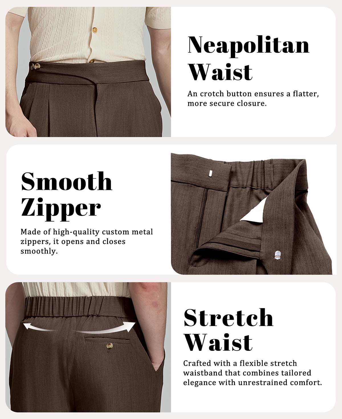 Soft, stretchy, breathable, wrinkle-resistant fabric, ideal for all-day wear in men¡¯s Gurkha wide leg trousers.