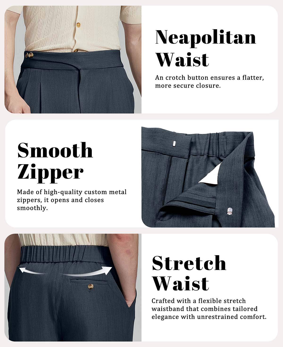 Soft, stretchy, breathable, wrinkle-resistant fabric, ideal for all-day wear in men¡¯s Gurkha wide leg trousers.
