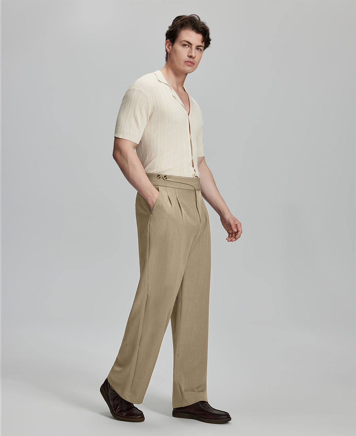 Light blue shirt paired with beige Gurkha pants, clean, professional outfit for office or meetings.