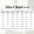 SUSCLUDE size chart (inches): garment vs body waist/hip, inseam, length, with tip to size up between ranges.