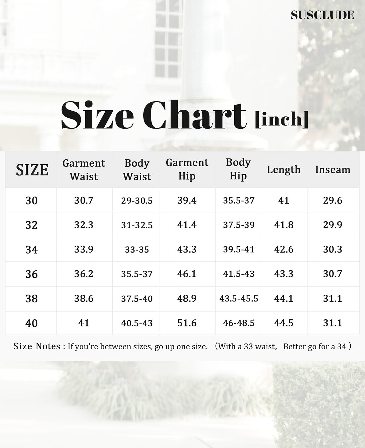 SUSCLUDE size chart (inches): garment vs body waist/hip, inseam, length, with tip to size up between ranges.