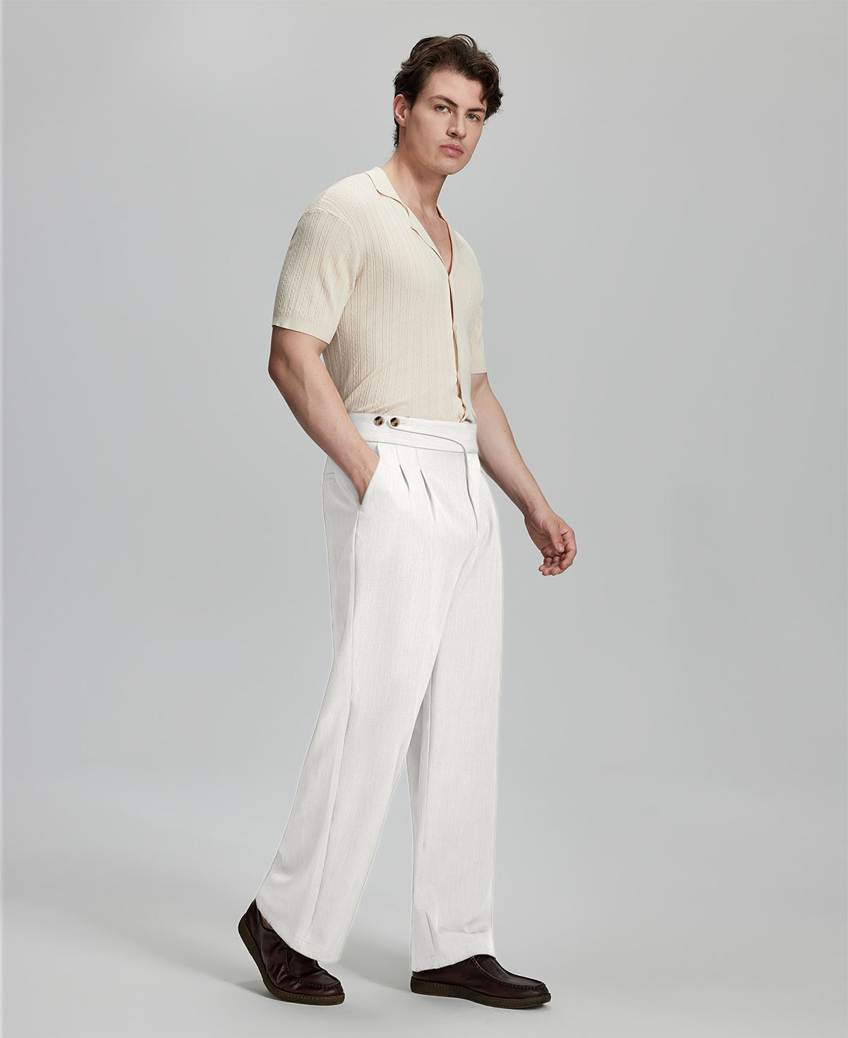 Light blue shirt paired with white Gurkha pants, clean, professional outfit for office or meetings.
