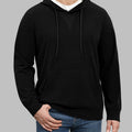 Model in black Men's Hoodie Pullover Sweater ¨C Cashmere-Like Fabric with jeans, showing clean fit and everyday style.