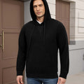 Hood-on look of black Men's Hoodie Pullover Sweater ¨C soft, relaxed vibe with cashmere-like texture.