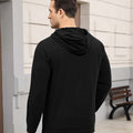 Back view of black Men's Hoodie Pullover Sweater ¨C smooth drape and minimalist silhouette in cashmere-like fabric.
