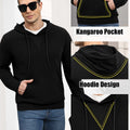 Features: kangaroo pocket (storage), hood (casual coverage), contrast neck panel (better fit) on black hoodie sweater.