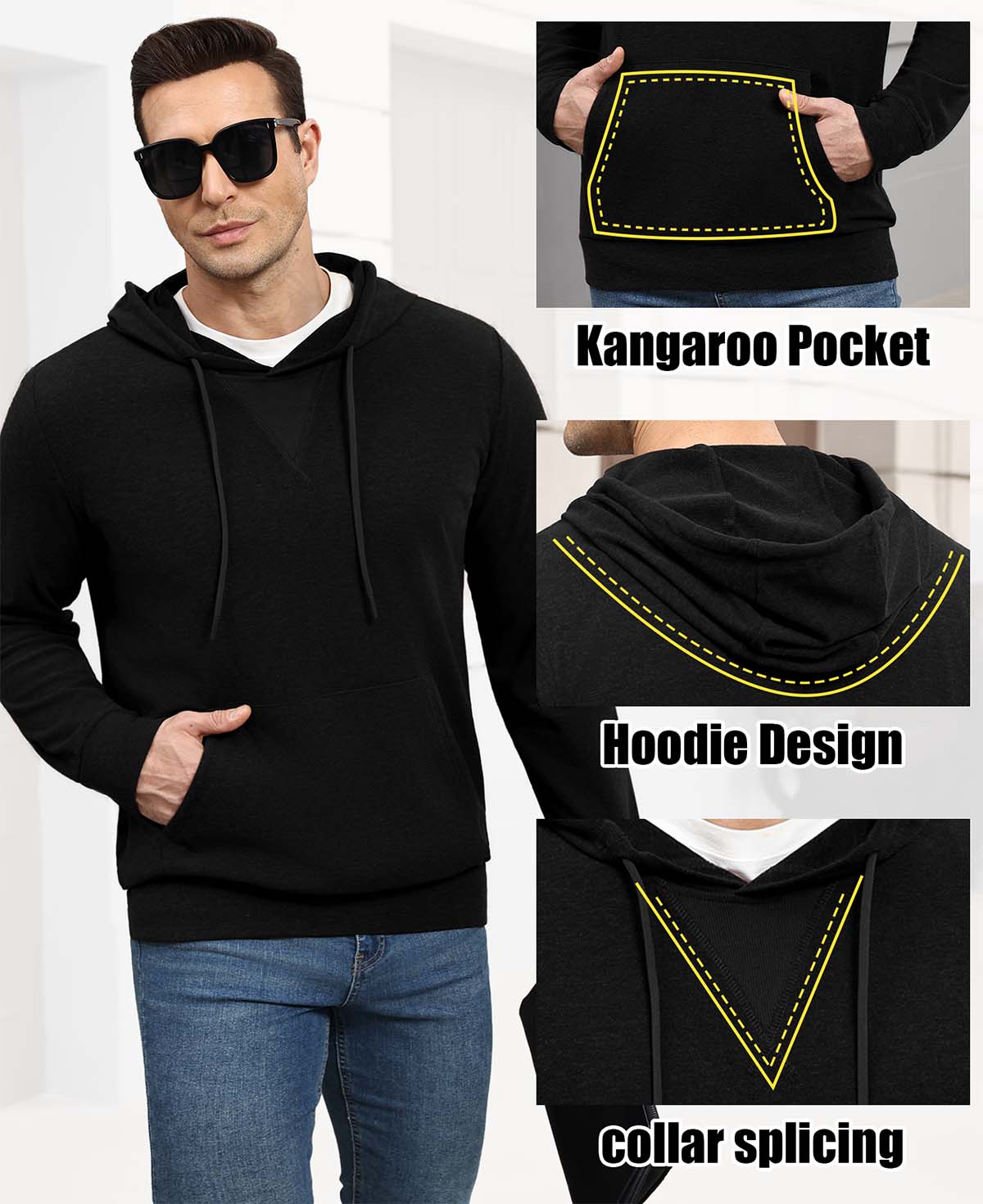 Features: kangaroo pocket (storage), hood (casual coverage), contrast neck panel (better fit) on black hoodie sweater.