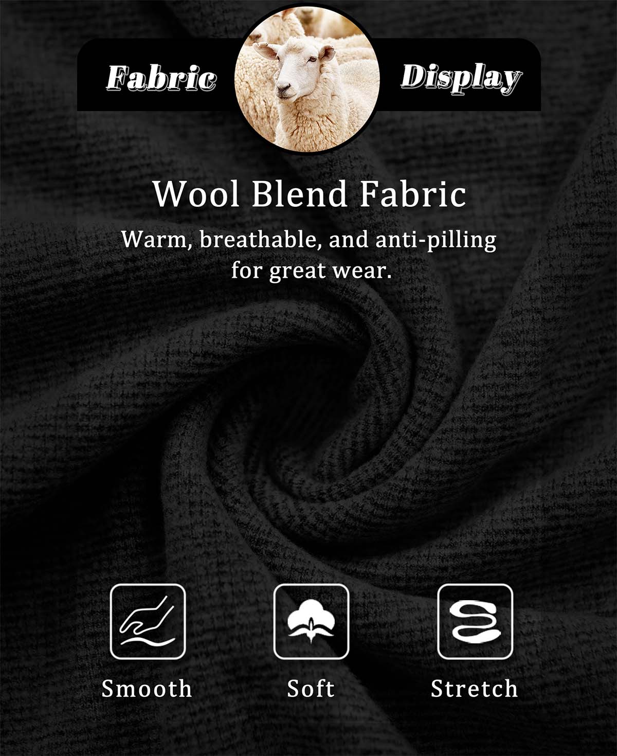 Wool-blend fabric: warm, breathable, anti-pilling, silky-soft, stretchy, premium feel of black Men's Hoodie Pullover Sweater.