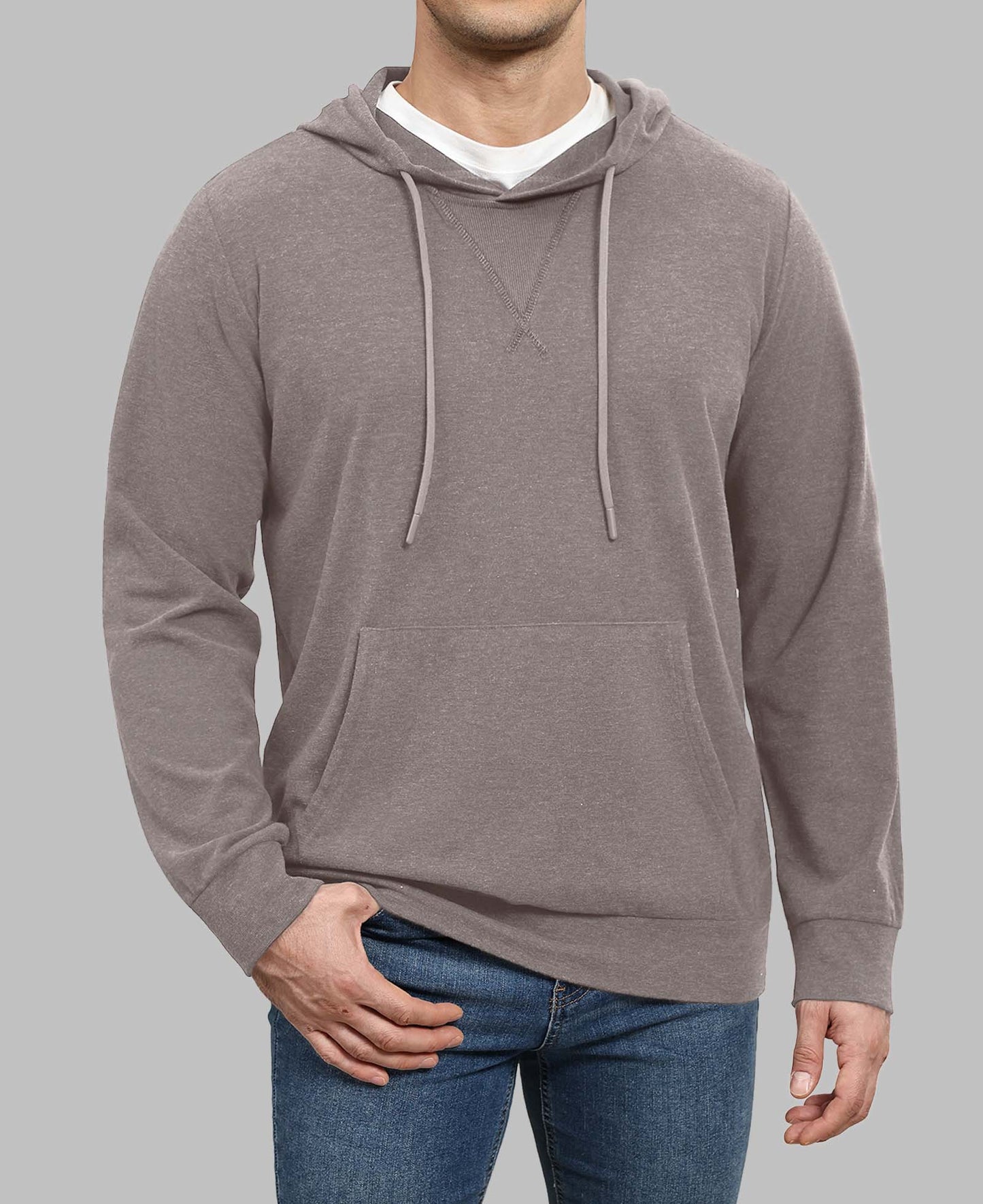 Model in brown Men's Hoodie Pullover Sweater ¨C Cashmere-Like Fabric with jeans, showing clean fit and everyday style.