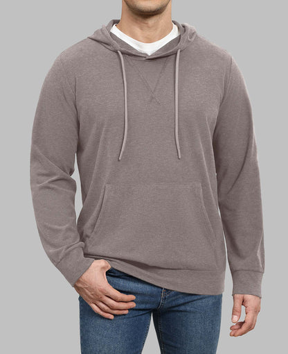 Model in brown Men's Hoodie Pullover Sweater ¨C Cashmere-Like Fabric with jeans, showing clean fit and everyday style.
