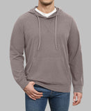 Model in brown Men's Hoodie Pullover Sweater ¨C Cashmere-Like Fabric with jeans, showing clean fit and everyday style.