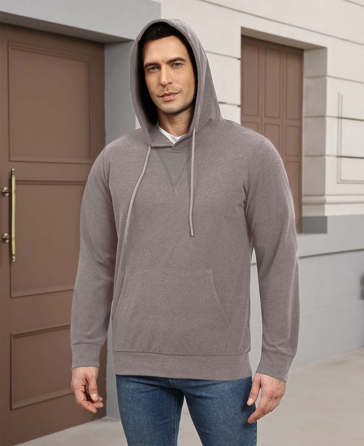 Hood-on look of brown Men's Hoodie Pullover Sweater ¨C soft, relaxed vibe with cashmere-like texture.