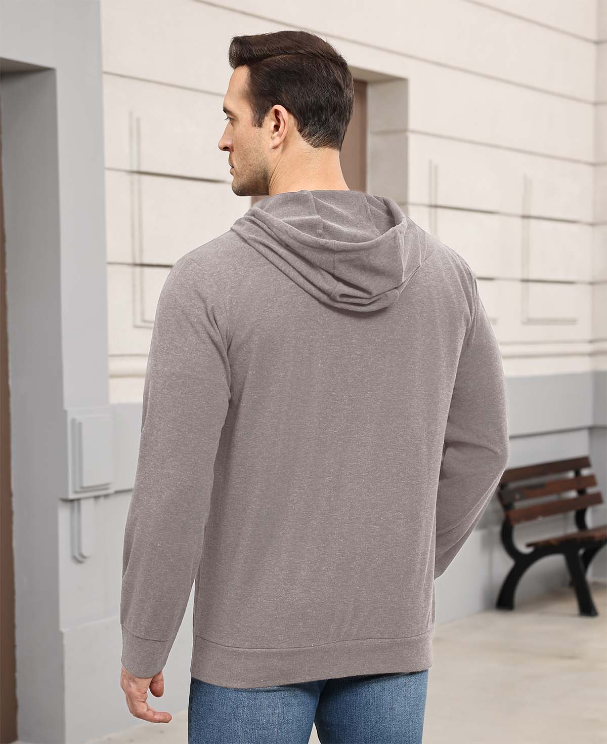 Back view of brown Men's Hoodie Pullover Sweater ¨C smooth drape and minimalist silhouette in cashmere-like fabric.