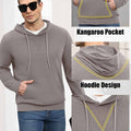 Features: kangaroo pocket (storage), hood (casual coverage), contrast neck panel (better fit) on brown hoodie sweater.