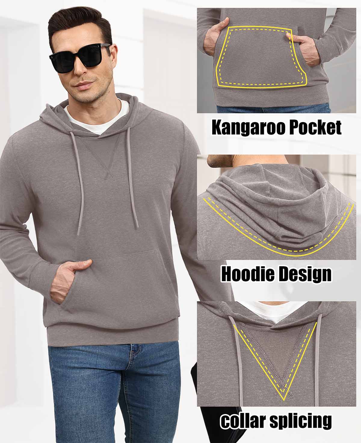 Features: kangaroo pocket (storage), hood (casual coverage), contrast neck panel (better fit) on brown hoodie sweater.