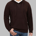 Model in dark brown Men's Hoodie Pullover Sweater ¨C Cashmere-Like Fabric with jeans, showing clean fit and everyday style.