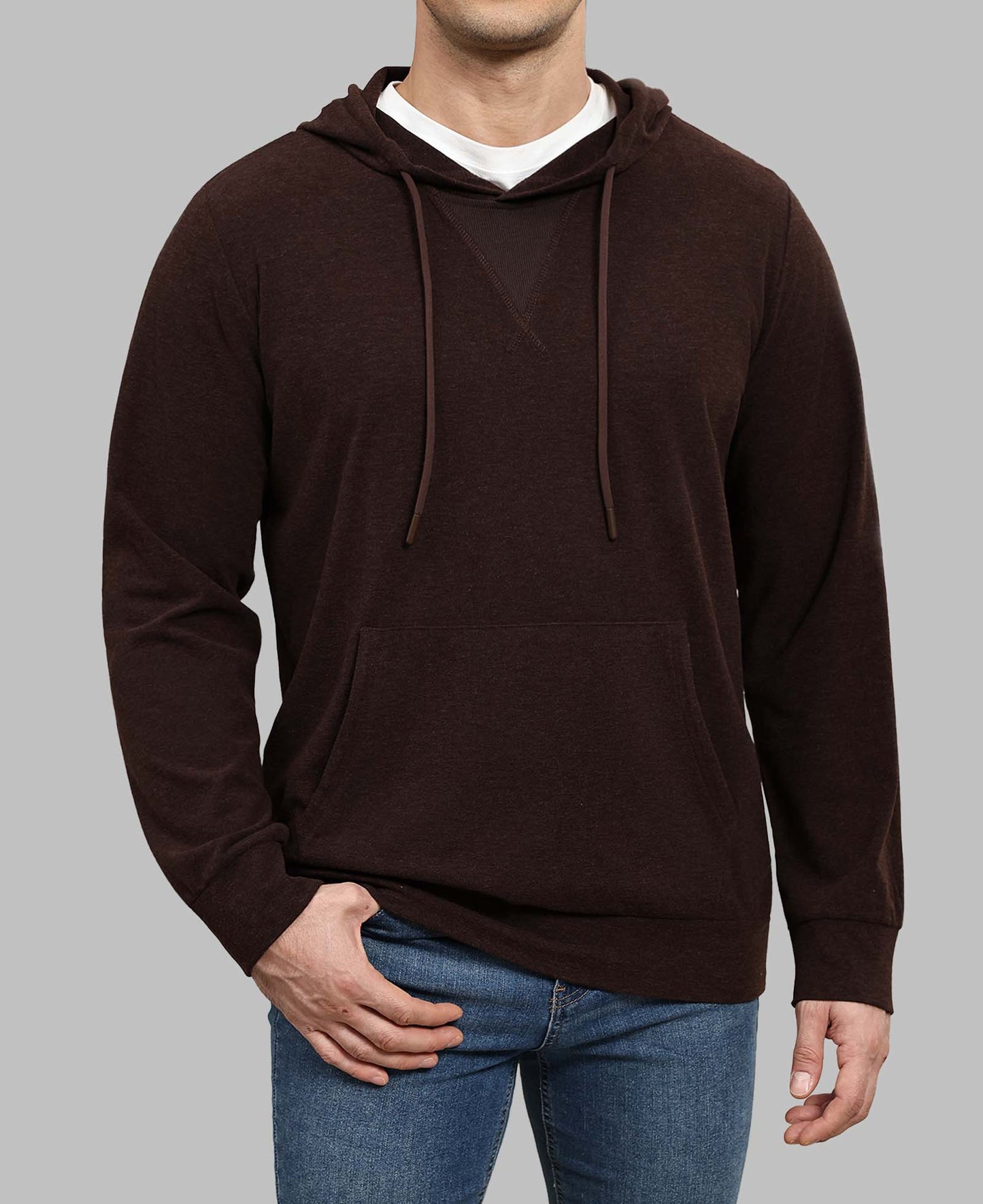 Model in dark brown Men's Hoodie Pullover Sweater ¨C Cashmere-Like Fabric with jeans, showing clean fit and everyday style.