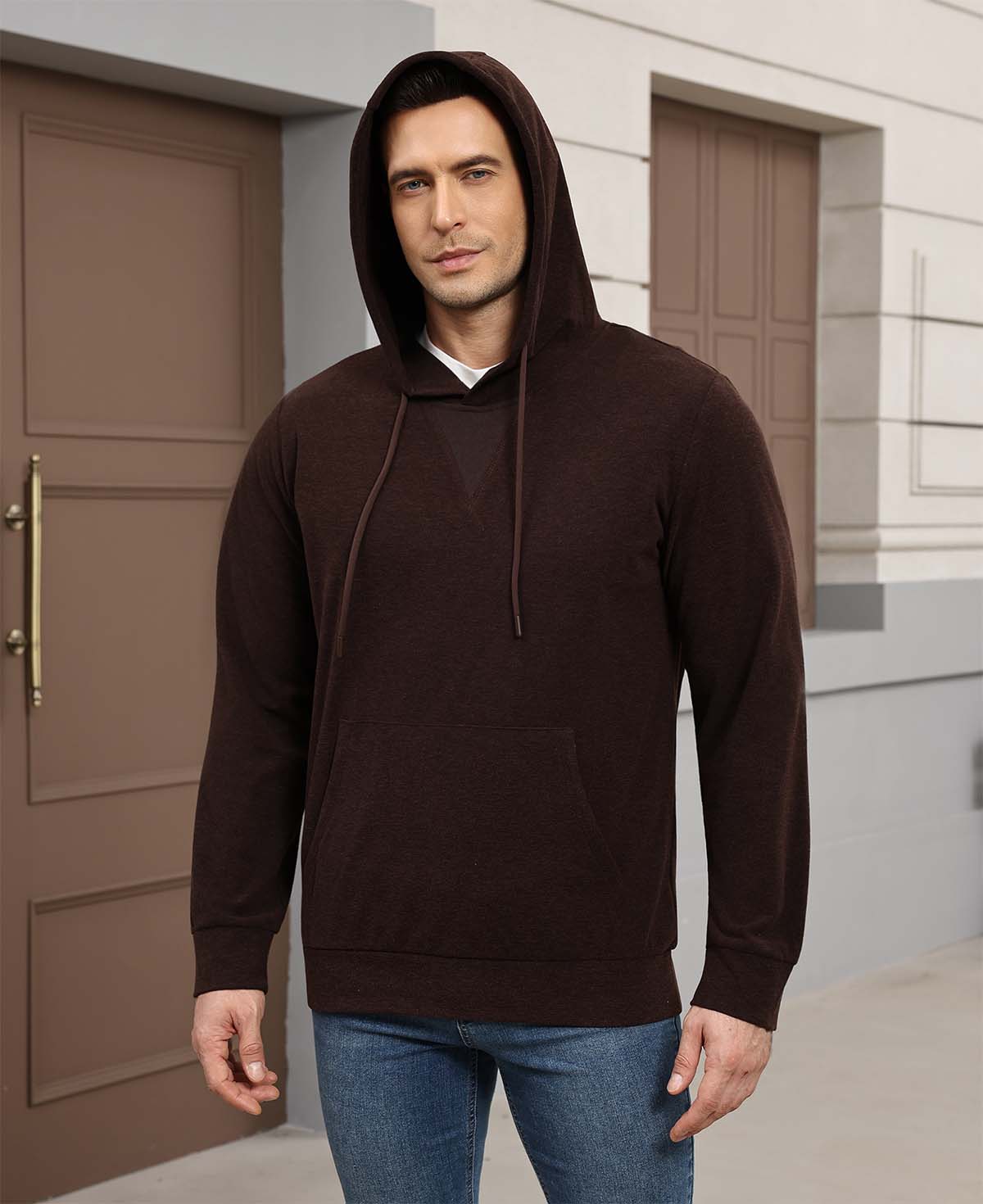 Hood-on look of dark brown Men's Hoodie Pullover Sweater ¨C soft, relaxed vibe with cashmere-like texture.