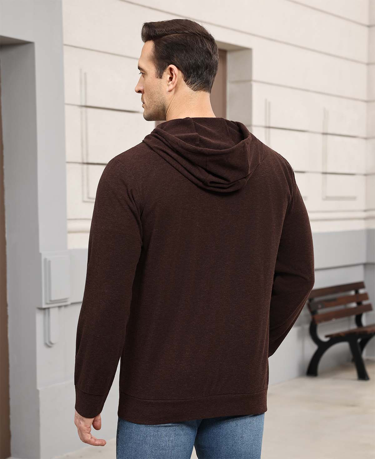 Back view of dark brown Men's Hoodie Pullover Sweater ¨C smooth drape and minimalist silhouette in cashmere-like fabric.