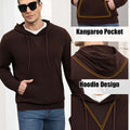 Features: kangaroo pocket (storage), hood (casual coverage), contrast neck panel (better fit) on dark brown hoodie sweater.