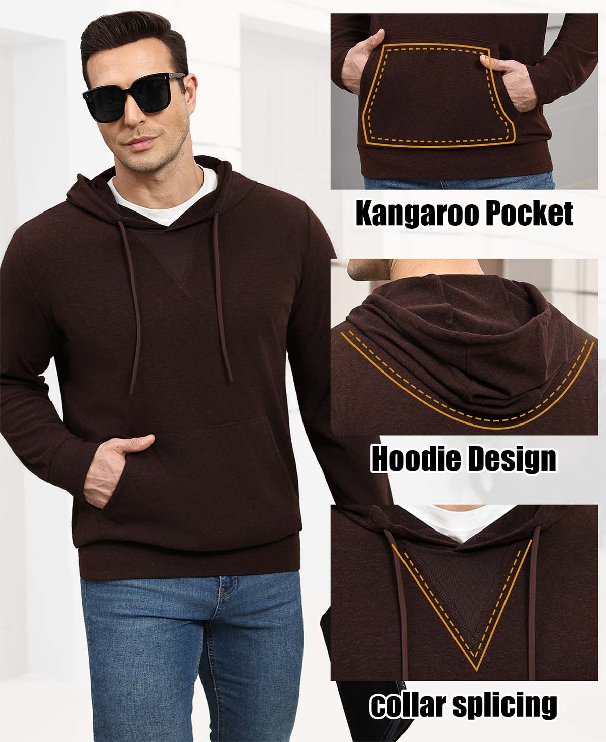 Features: kangaroo pocket (storage), hood (casual coverage), contrast neck panel (better fit) on dark brown hoodie sweater.