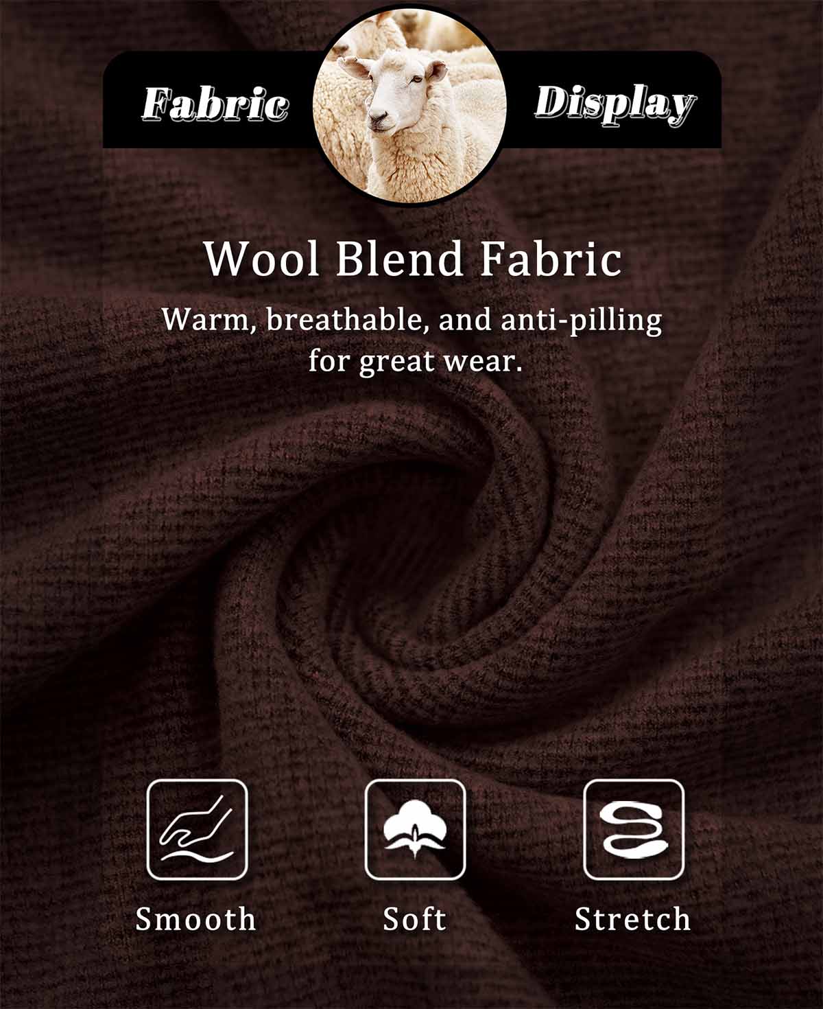 Wool-blend fabric: warm, breathable, anti-pilling, silky-soft, stretchy, premium feel of dark brown Men's Hoodie Pullover Sweater.
