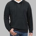 Model in grey Men's Hoodie Pullover Sweater ¨C Cashmere-Like Fabric with jeans, showing clean fit and everyday style.