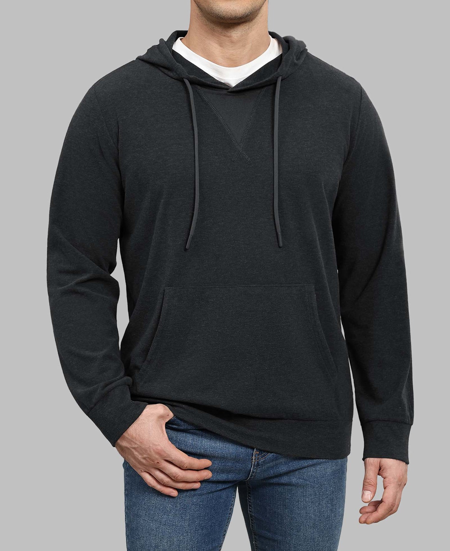 Model in grey Men's Hoodie Pullover Sweater ¨C Cashmere-Like Fabric with jeans, showing clean fit and everyday style.
