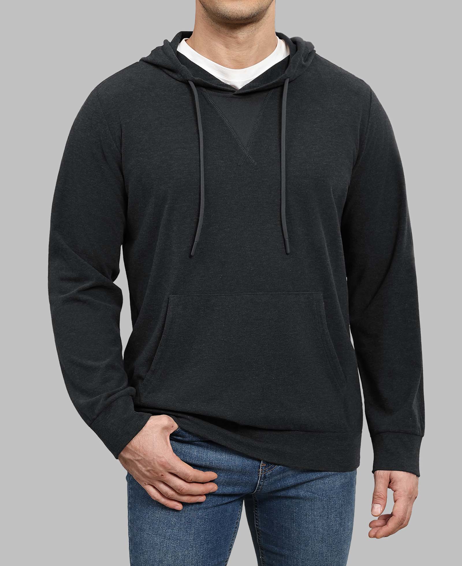 Model in grey Men's Hoodie Pullover Sweater ¨C Cashmere-Like Fabric with jeans, showing clean fit and everyday style.