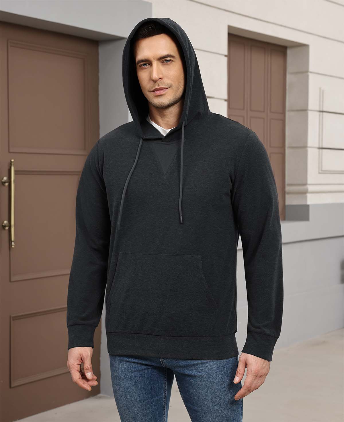 Hood-on look of grey Men's Hoodie Pullover Sweater ¨C soft, relaxed vibe with cashmere-like texture.
