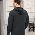 Back view of grey Men's Hoodie Pullover Sweater ¨C smooth drape and minimalist silhouette in cashmere-like fabric.