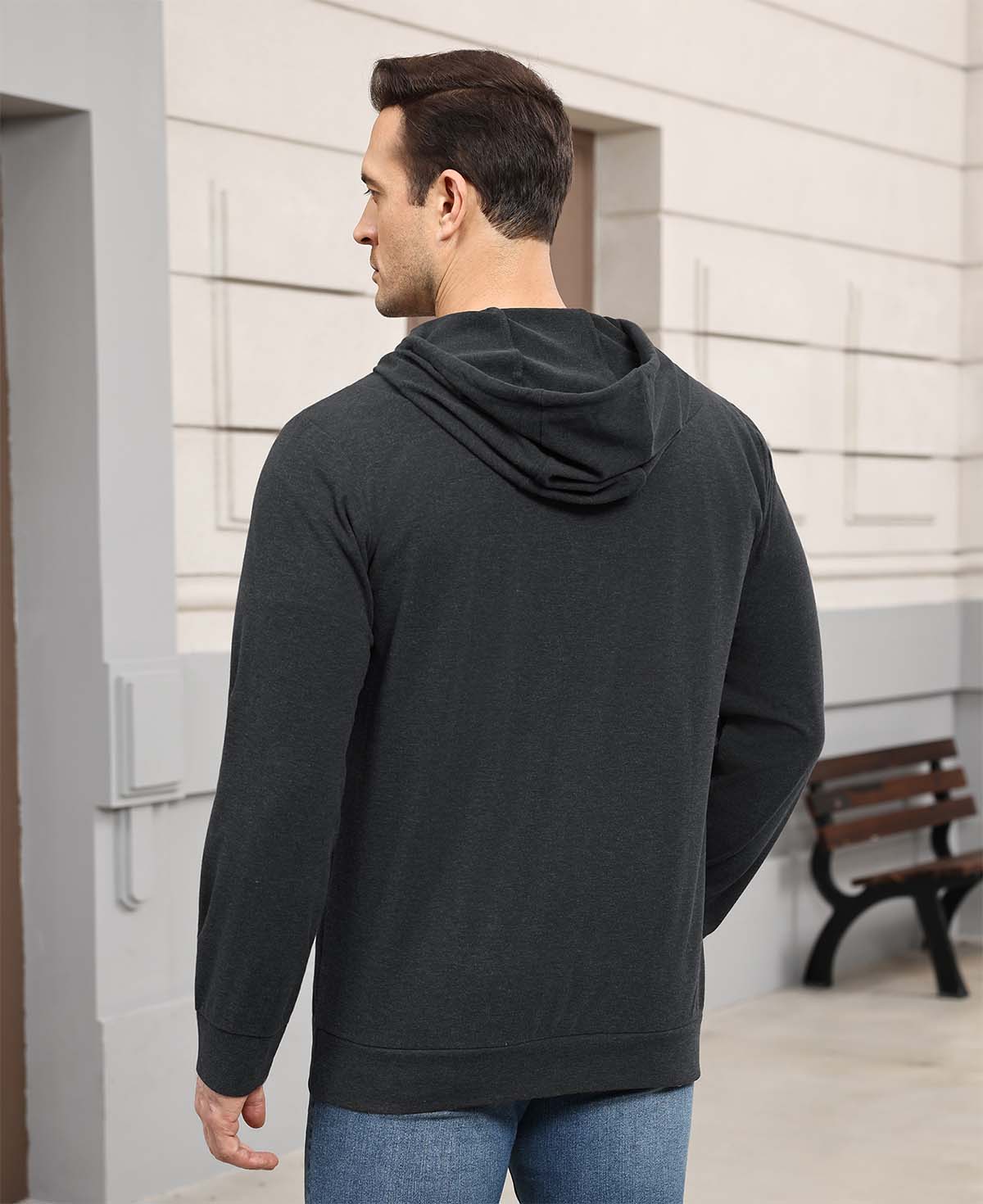 Back view of grey Men's Hoodie Pullover Sweater ¨C smooth drape and minimalist silhouette in cashmere-like fabric.