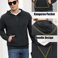 Features: kangaroo pocket (storage), hood (casual coverage), contrast neck panel (better fit) on grey hoodie sweater.