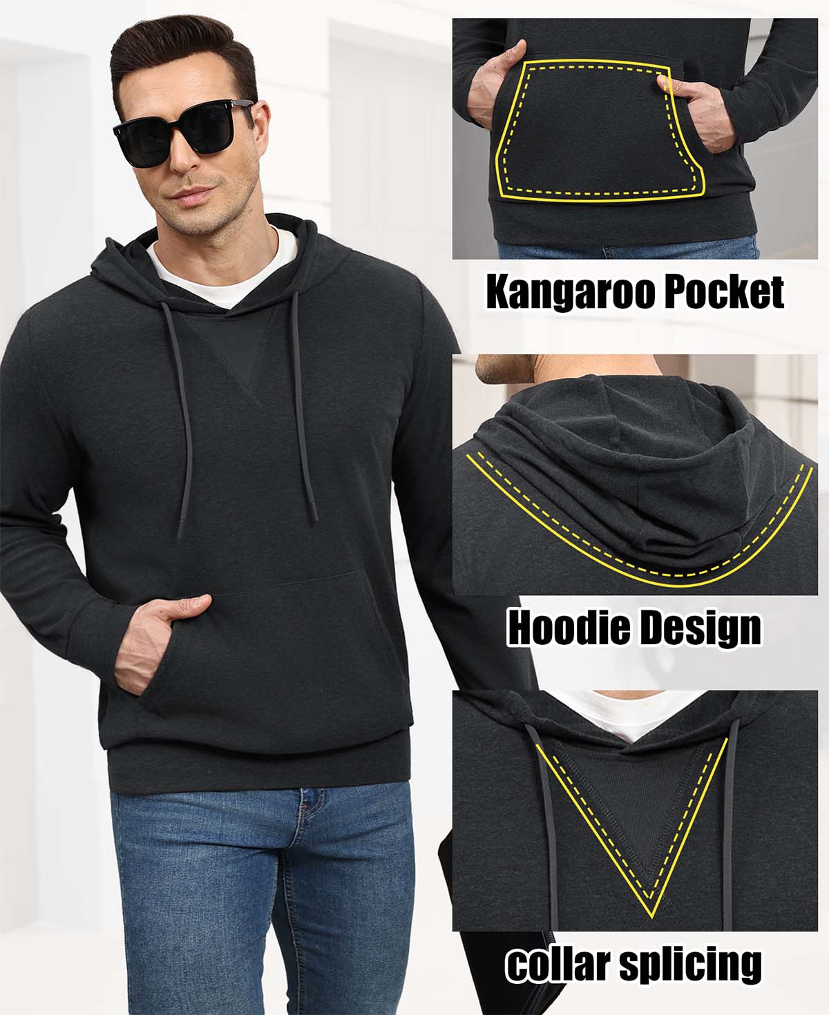 Features: kangaroo pocket (storage), hood (casual coverage), contrast neck panel (better fit) on grey hoodie sweater.