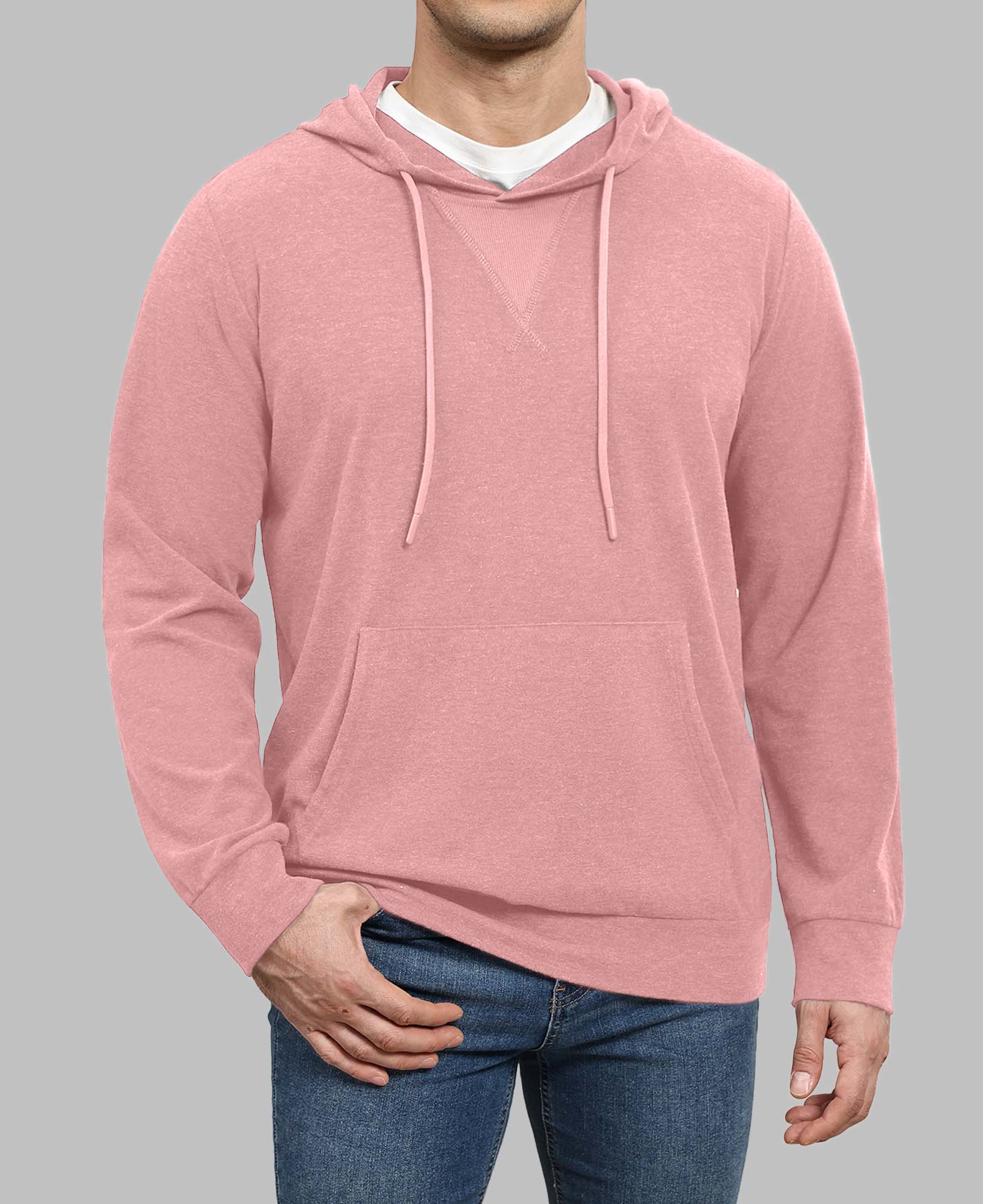 Model in pink Men's Hoodie Pullover Sweater ¨C Cashmere-Like Fabric with jeans, showing clean fit and everyday style.