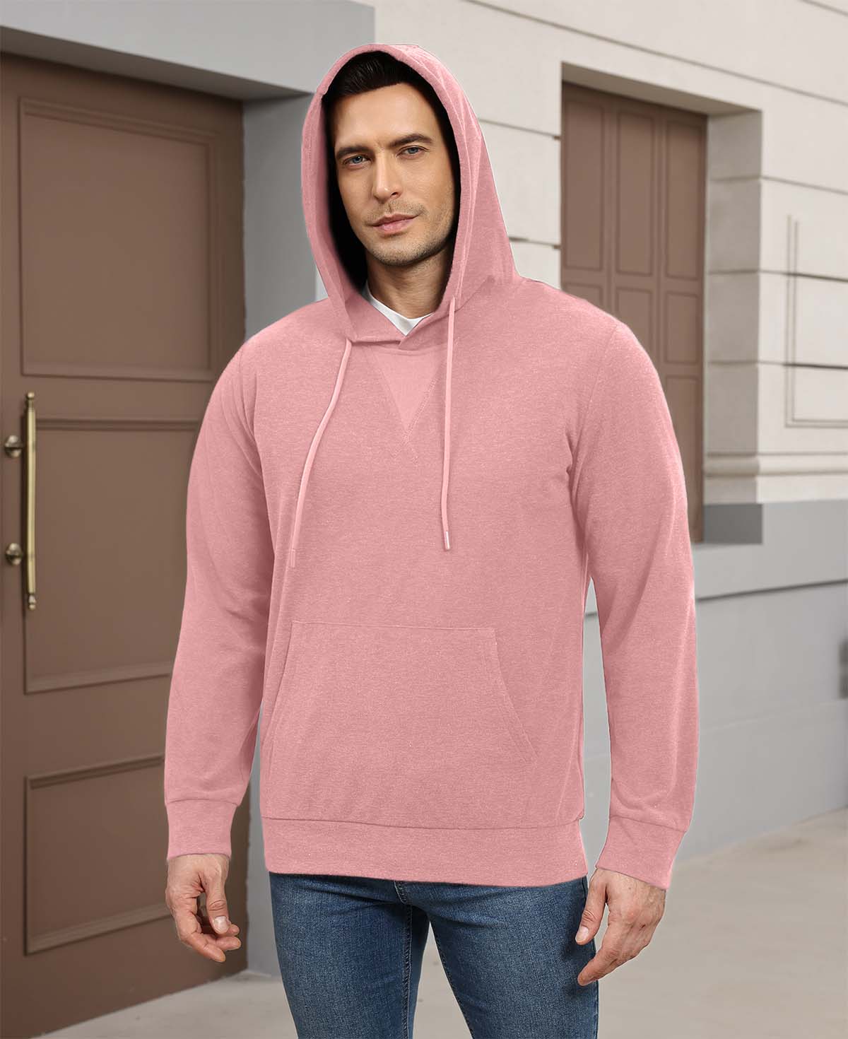 Hood-on look of pink Men's Hoodie Pullover Sweater ¨C soft, relaxed vibe with cashmere-like texture.