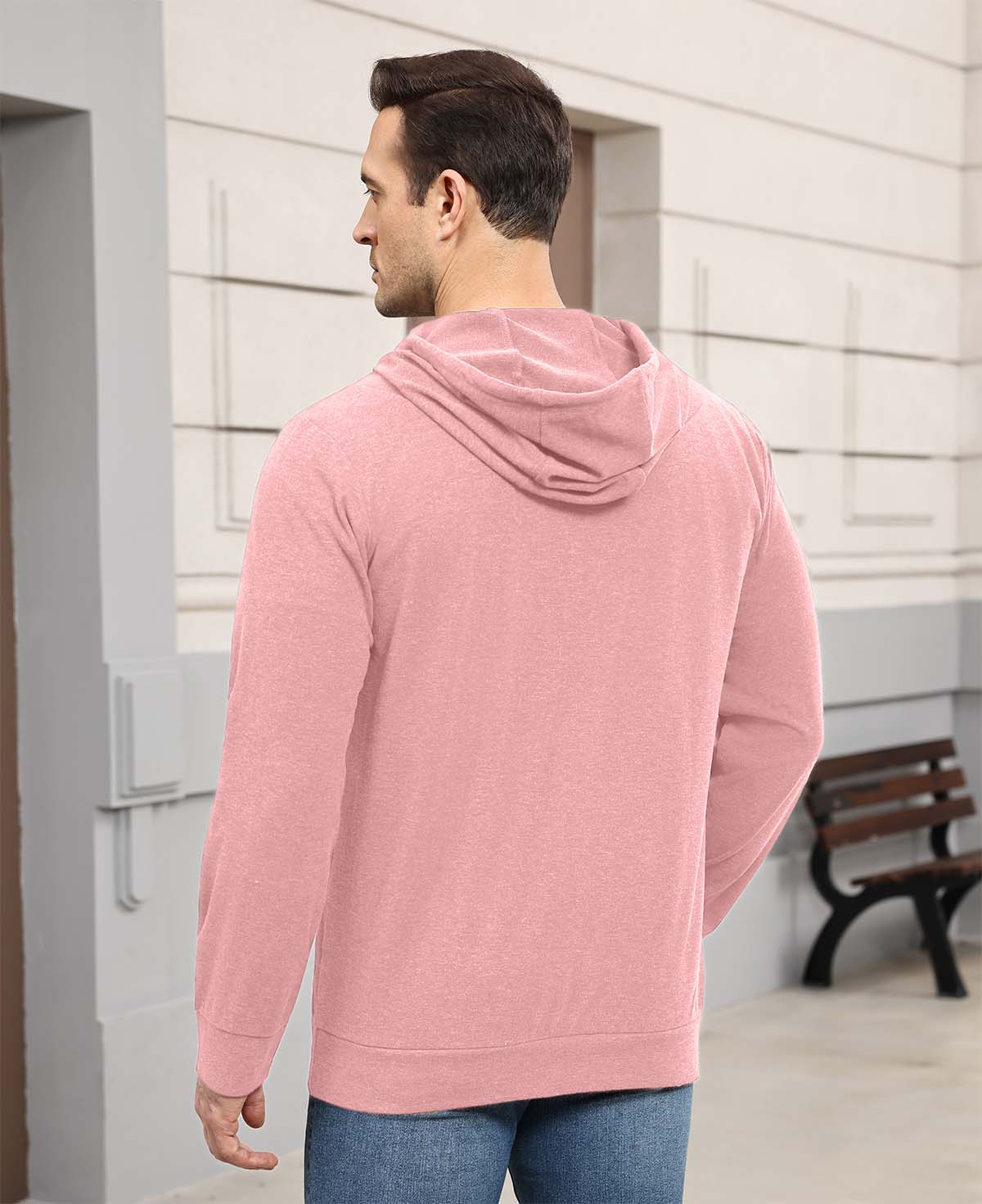Back view of pink Men's Hoodie Pullover Sweater ¨C smooth drape and minimalist silhouette in cashmere-like fabric.