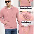 Features: kangaroo pocket (storage), hood (casual coverage), contrast neck panel (better fit) on pink hoodie sweater.